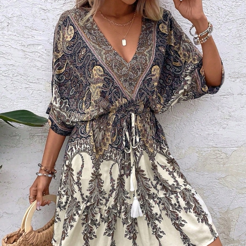 Paisley Print V-Neck Dress